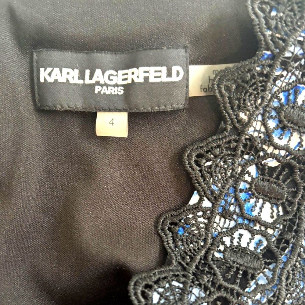 Karl Lagerfeld Paris Floral Lace Trim Dress Dark Romantic Blue Black Size 4 - Picture 2 of 5